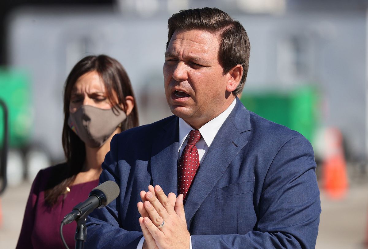 Florida Governor Ron DeSantis speaks during a press conference about the opening of a COVID-19 vaccination site at the Hard Rock Stadium on January 06, 2021 in Miami Gardens, Florida. (Joe Raedle/Getty Images)