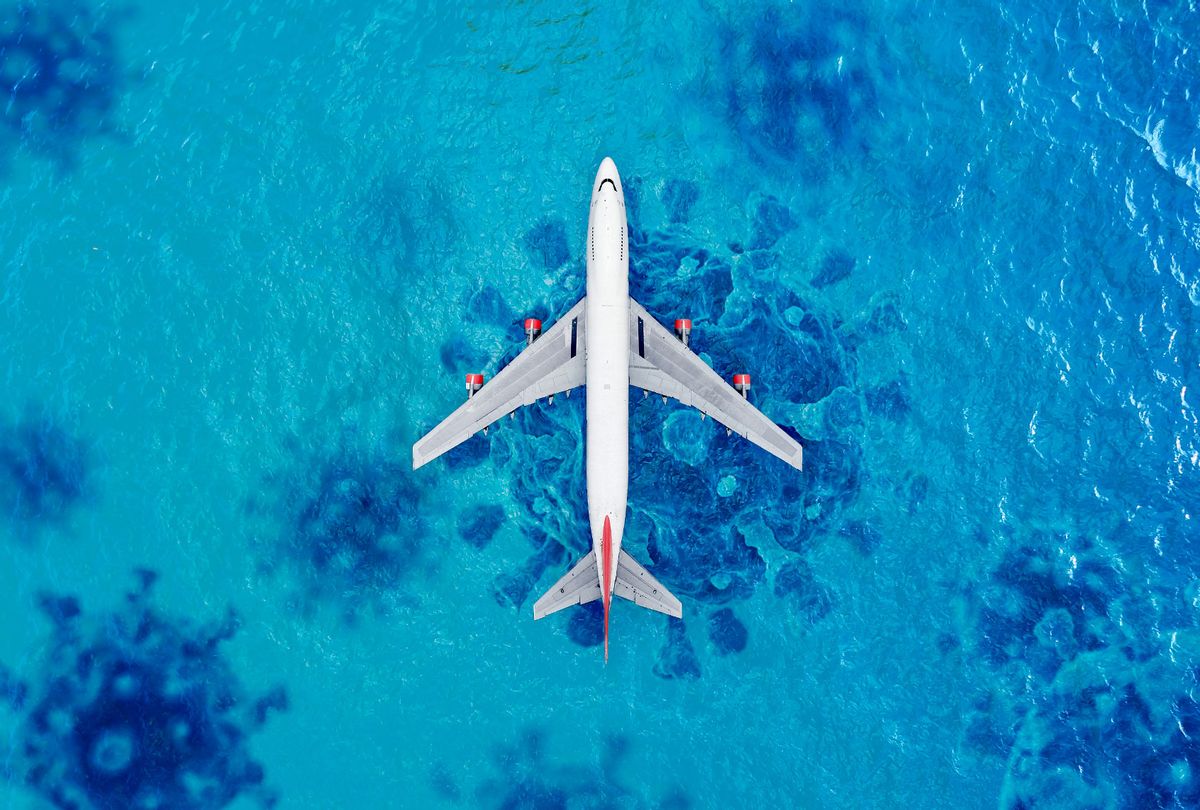 Airplane over sea | Covid-19 spores (Photo illustration by Salon/Getty Images)
