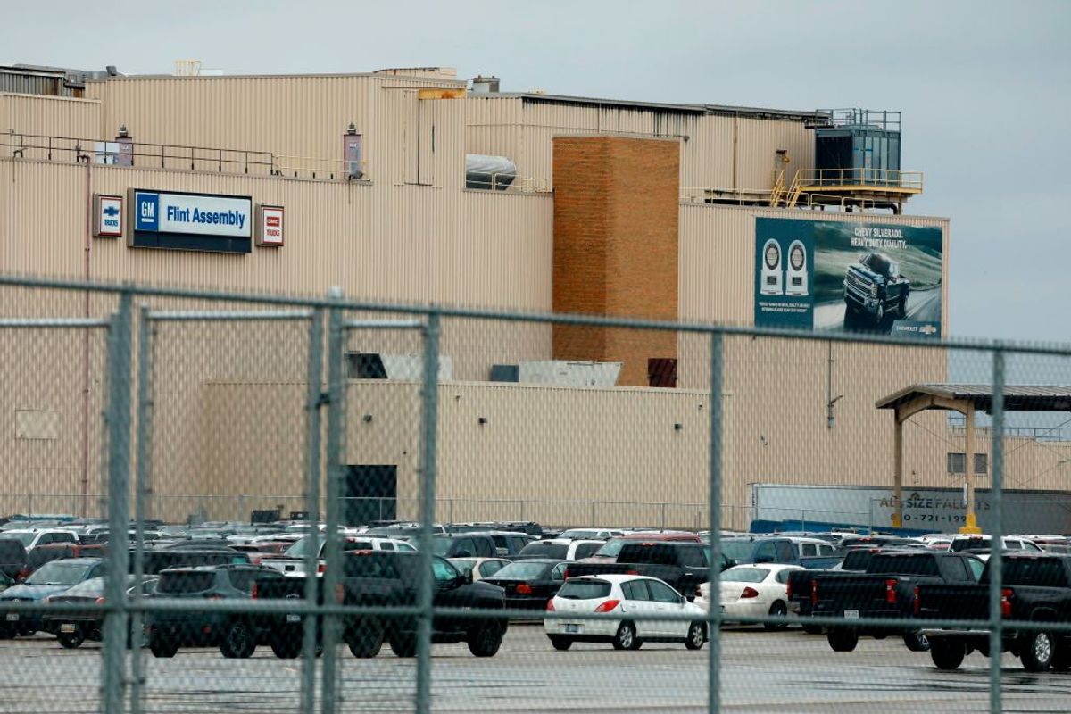 The General Motors Flint Assembly plant is viewed on May 18, 2020 in Flint, Michigan. This plant produces heavy-duty Chevrolet and GMC Sierra trucks. (Jeff Kowalsky/AFP via Getty Images)