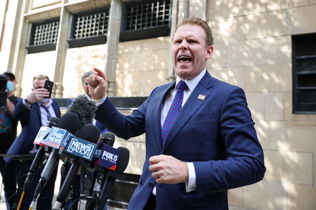 Andrew Giuliani speaks to the press after the FBI executed a search warrant outside the apartment of his father, Rudy Giuliani. (Tayfun Coskun/Anadolu Agency via Getty Images)