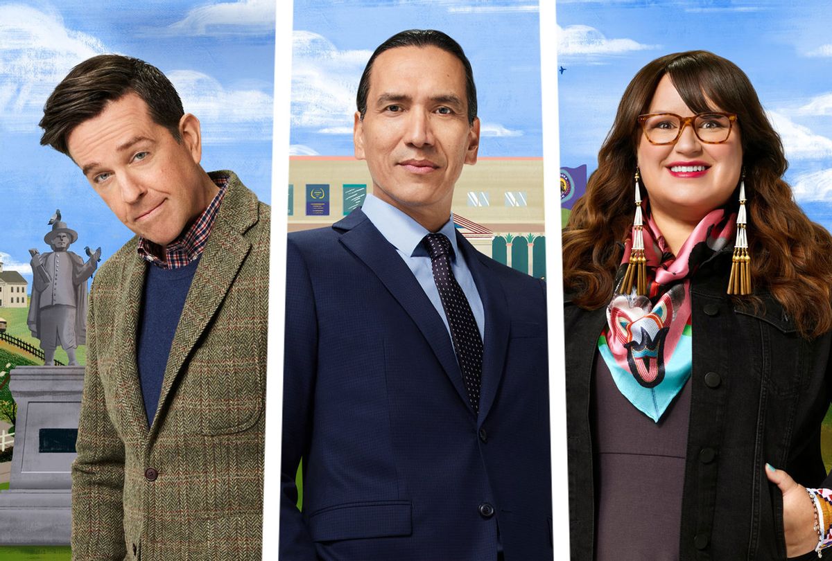 Ed Helms as Nathan Rutherford, Michael Greyeyes as Terry Tarbell, and Jana Schmieding as Reagan Wells in "Rutherford Falls" (Photo illustration by Salon/Justin Stephens/Peacock)