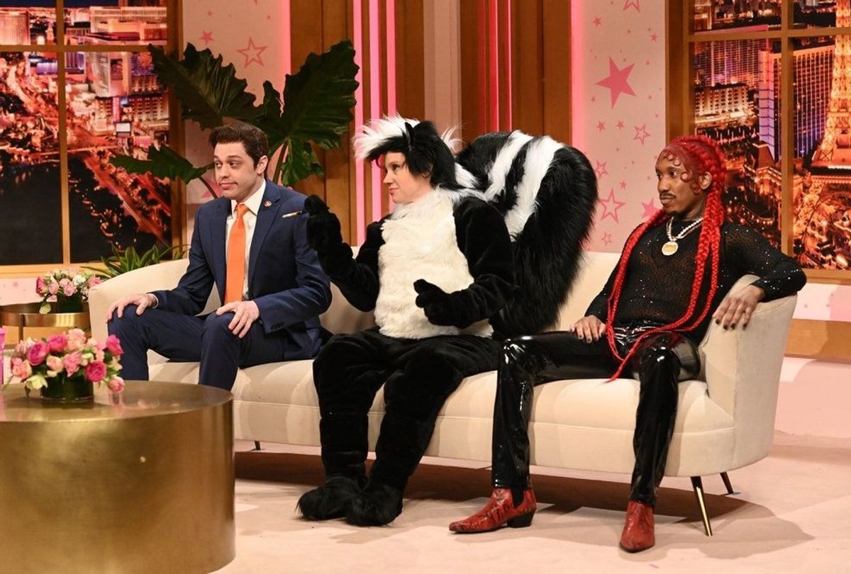 Pete Davidson as Matt Gaetz, Kate McKinnon as Pepé Le Pew, and Chris Redd as Lil Nas X during the "Britney Spears" cold open for April 3, 2021 with Daniel Kaluuya as host (Will Heath/NBC)