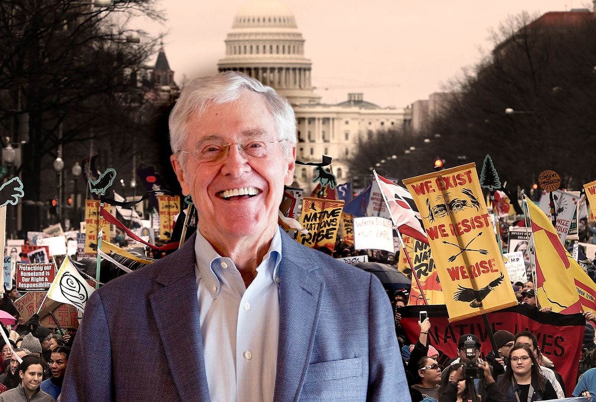 Charles Koch | Protesters march during a demonstration against the Dakota Access Pipeline on March 10, 2017 in Washington, DC.  (Photo illustration by Salon/Getty Images)