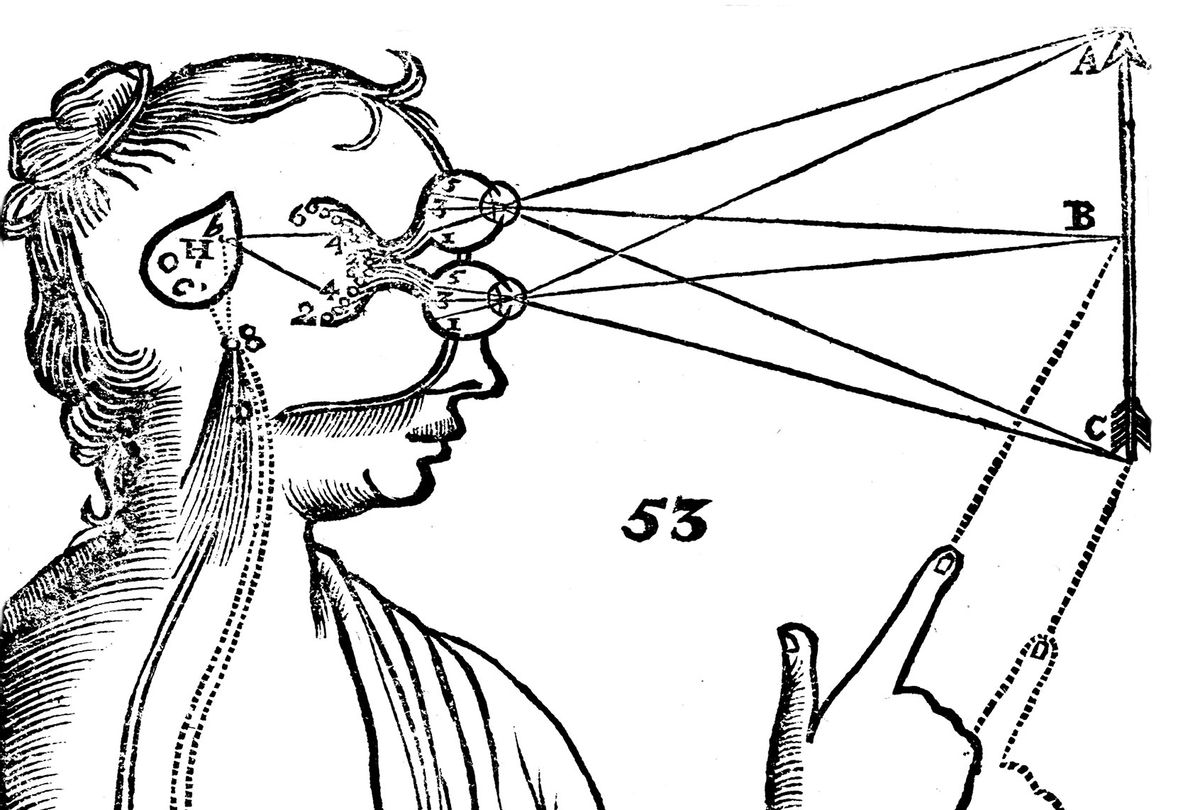 Descartes' (1596-1650) idea of vision, [1692]. The passage of nervous impulses from the eye to the pineal gland and so to the muscles. From Rene Descartes' Opera Philosophica (Tractatus de homine), 1692. (Oxford Science Archive/Print Collector/Getty Images)