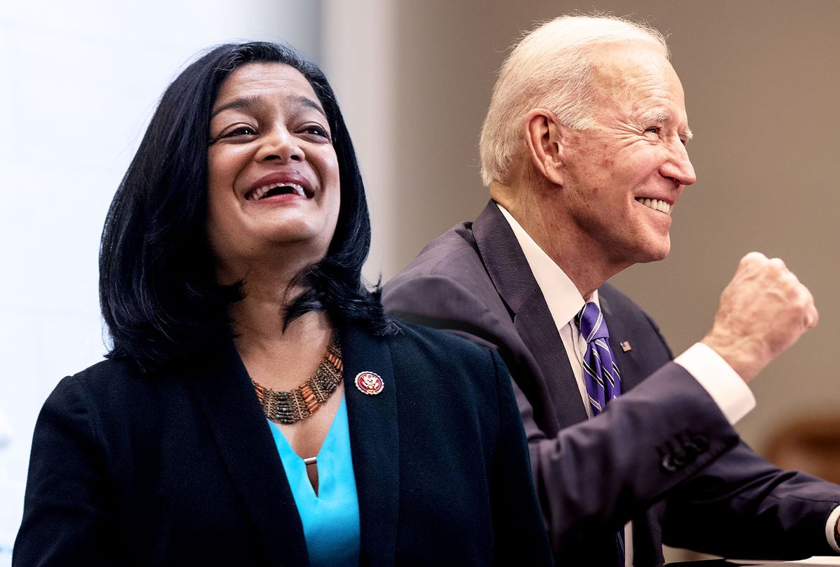 Pramila Jayapal and Joe Biden (Photo illustration by Salon/Getty Images)