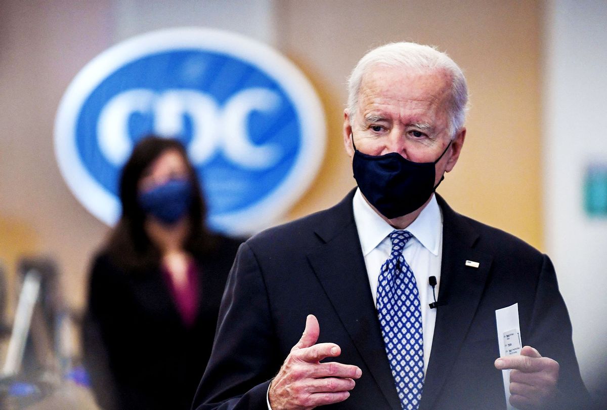 US President Joe Biden tours the Centers for Disease Control and Prevention in Atlanta, Georgia, on March 19, 2021. (ERIC BARADAT/AFP via Getty Images)