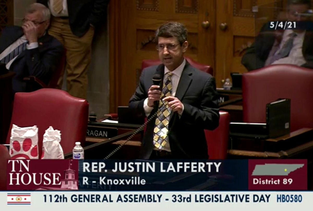 In this still image from video provided by the Tennessee General Assembly, Rep. Justin Lafferty, R-Knoxville, speaks on the floor of the House of Representatives at the State Capitol in Nashville, Tenn., on Tuesday, May 4, 2021. Lafferty falsely declared that an 18th century policy designating a slave as three-fifths of a person was adopted for “the purpose of ending slavery,” commenting amid a debate over whether educators should be restricted while teaching about systematic racism in America. (Tennessee General Assembly)