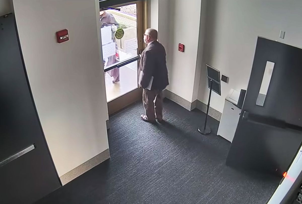 Surveillance video shows the moment State Rep. Mike Nearman opened the door and allowed protesters to enter the Oregon State Capitol on Dec. 21, 2020 (Oregon State Legislature)