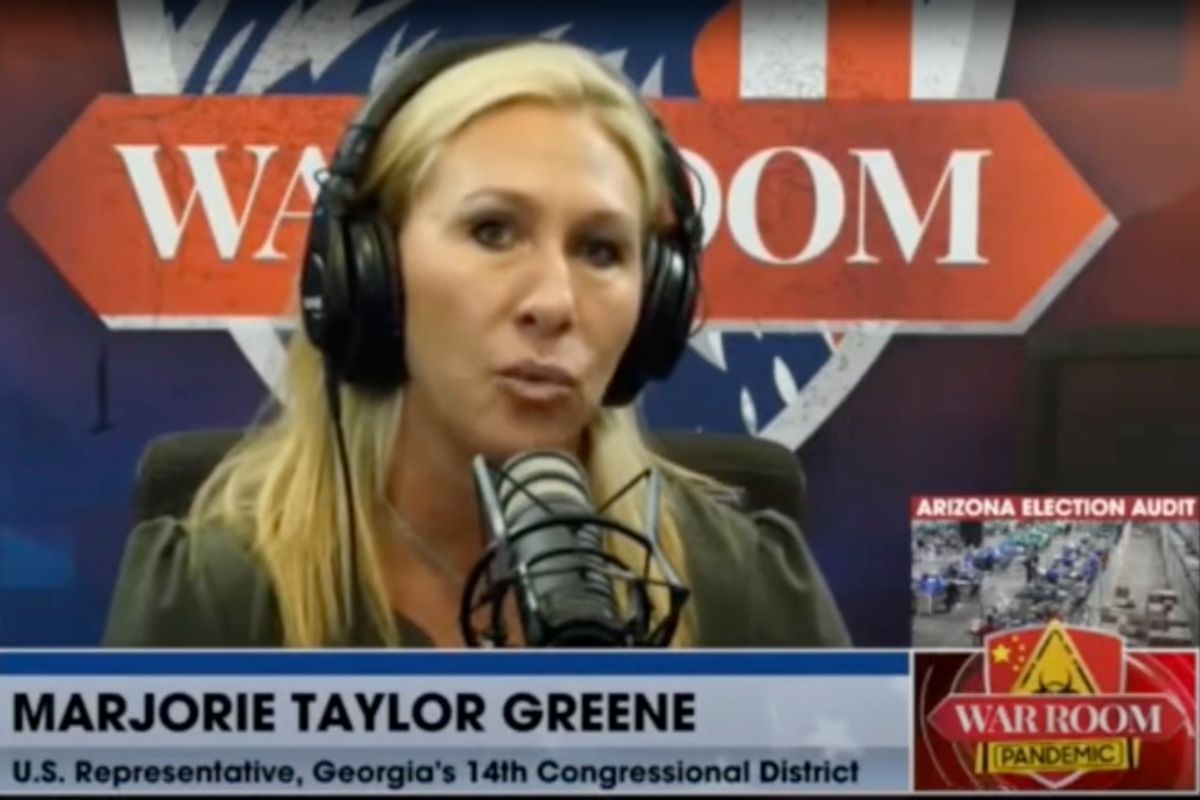 Rep. Marjorie Taylor Greene, R-GA, during an interview with Steve Bannon. (Real America's Voice)