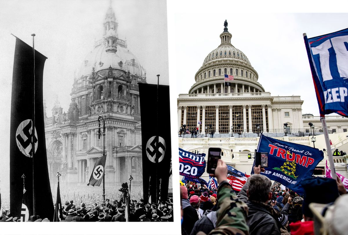 Nazi parade in front of the Reichstag, 1934. | Pro-Trump supporters storm the U.S. Capitol following a rally with President Donald Trump on January 6, 2021 in Washington, DC. (Photo illustration by Salon/Getty Images)