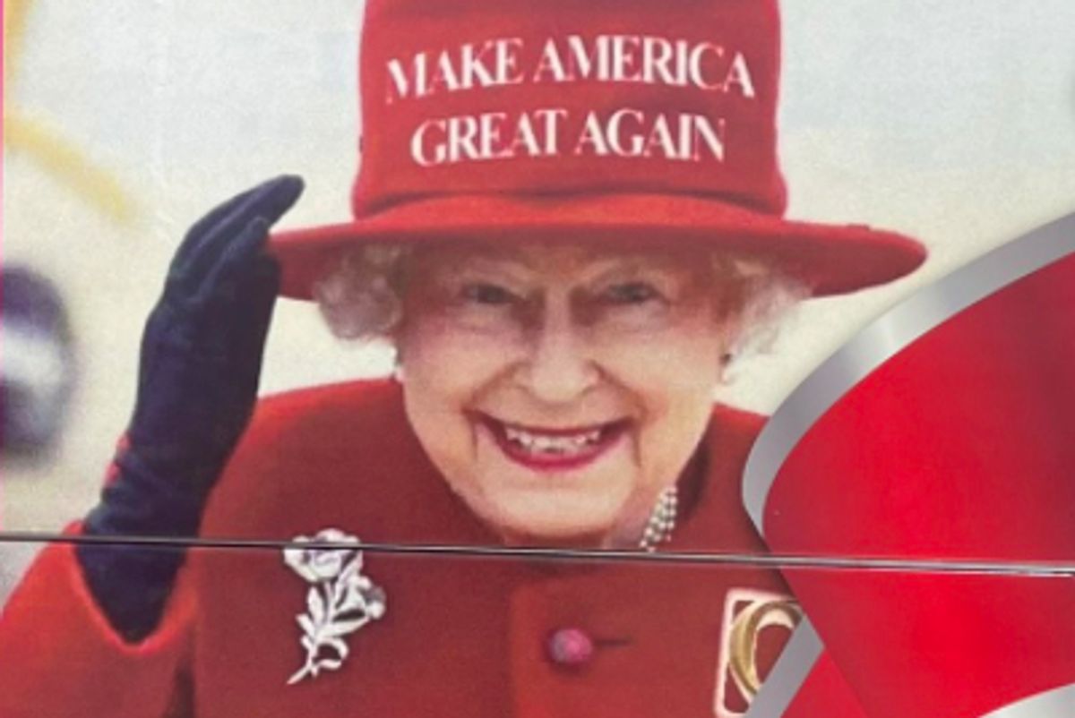 The doctored image of Queen Elizabeth II that sparked an official complaint from Buckingham Palace. (Twitter)