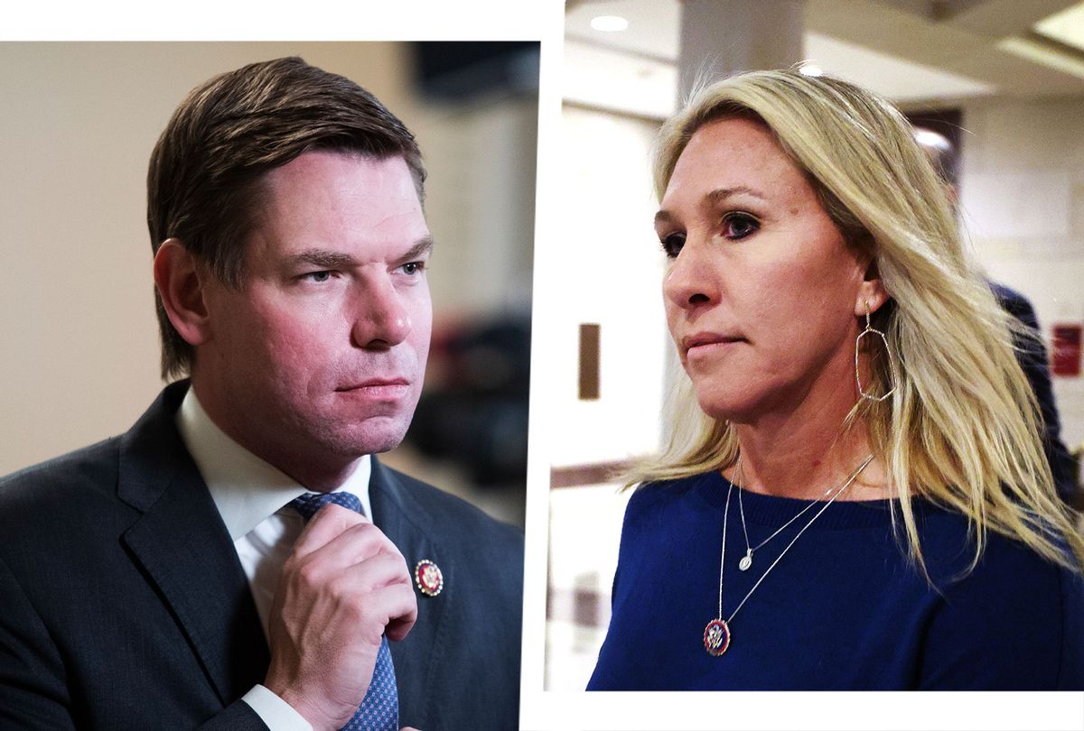 Eric Swalwell and Marjorie Taylor Greene (Photo illustration by Salon/Getty Images)