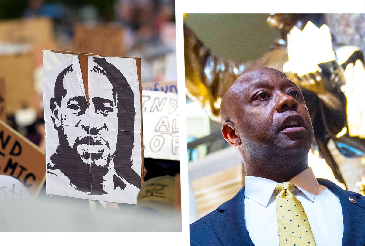 George Floyd poster at a protest | Sen. Tim Scott (R-SC) (Photo illustration by Salon/Getty Images)