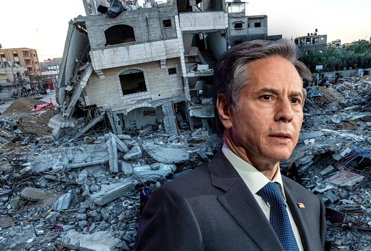 US Secretary of State, Antony Blinken | Destroyed residential buildings in Palestine (Photo illustration by Salon/Getty Images)