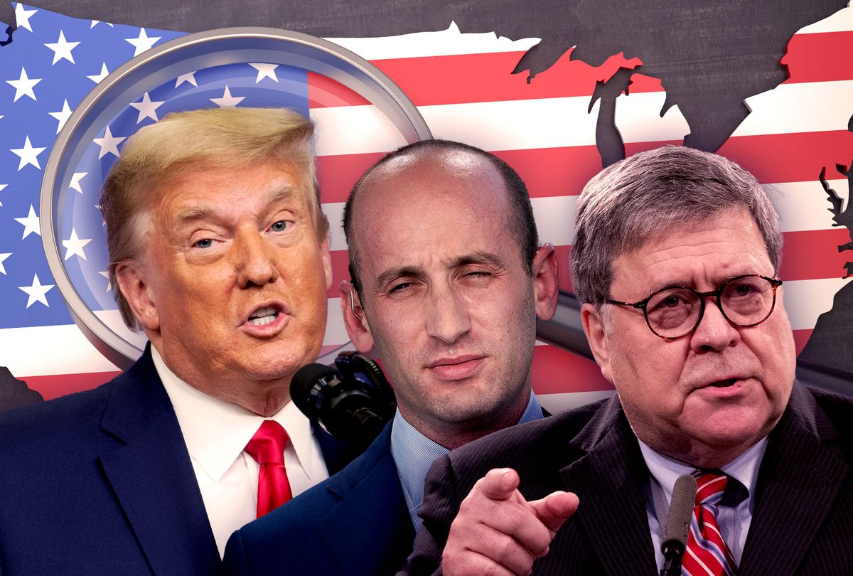 Donald Trump, Stephen Miller and Bill Barr (Photo illustration by Salon/Getty Images)