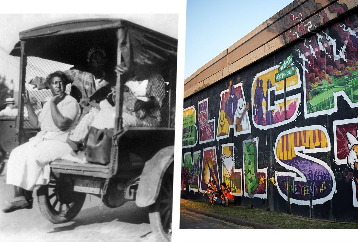 Woman rides in a truck loaded with people and possessions during the Tulsa massacre in 1921 | Mural marking Black Wall Street massacre in the Greenwood District (Photo illustration by Salon/Greenwood Cultural Center/Win McNamee/Getty Images)