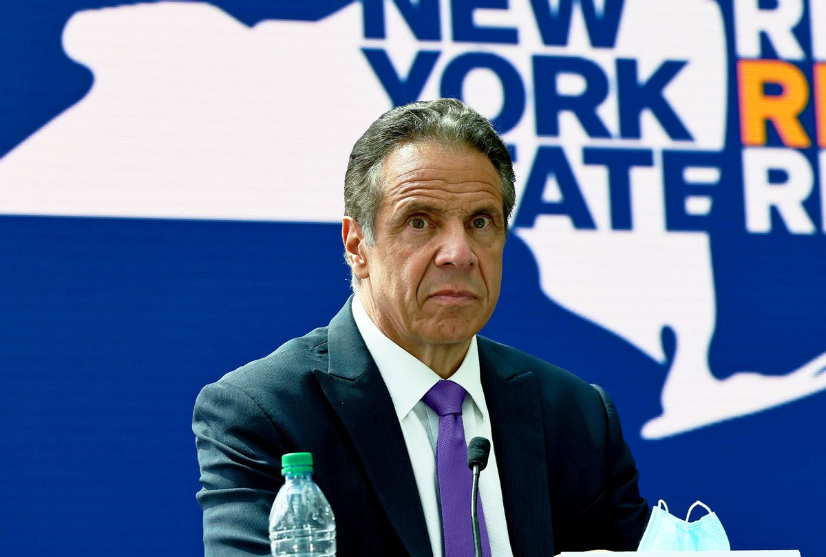 Gov. Andrew Cuomo takes questions from reproters during a press conference at the Javits Center in Manhattan on May 11, 2021 in New York City. (Michael M. Santiago/Getty Images)