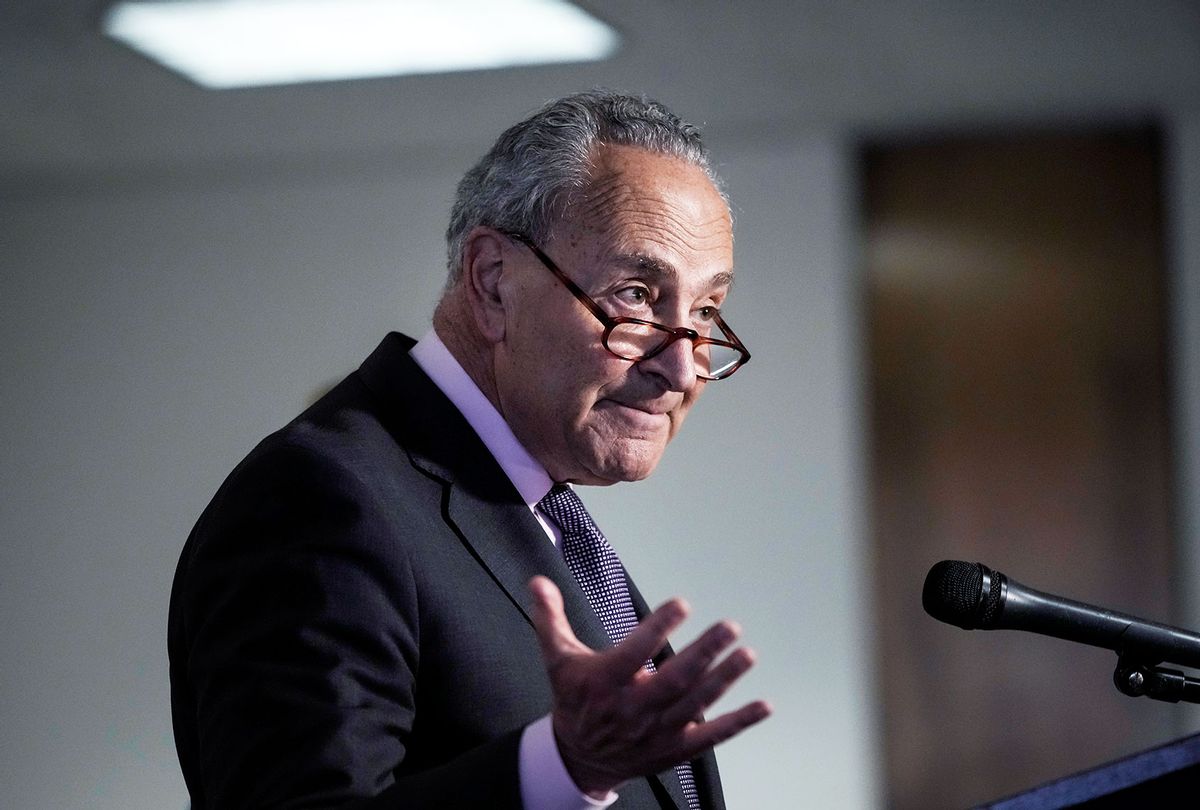 Senate Majority Leader Chuck Schumer (D-NY) speaks to the press following a Democratic caucus meeting on May 25, 2021 in Washington, DC.  (Drew Angerer/Getty Images)