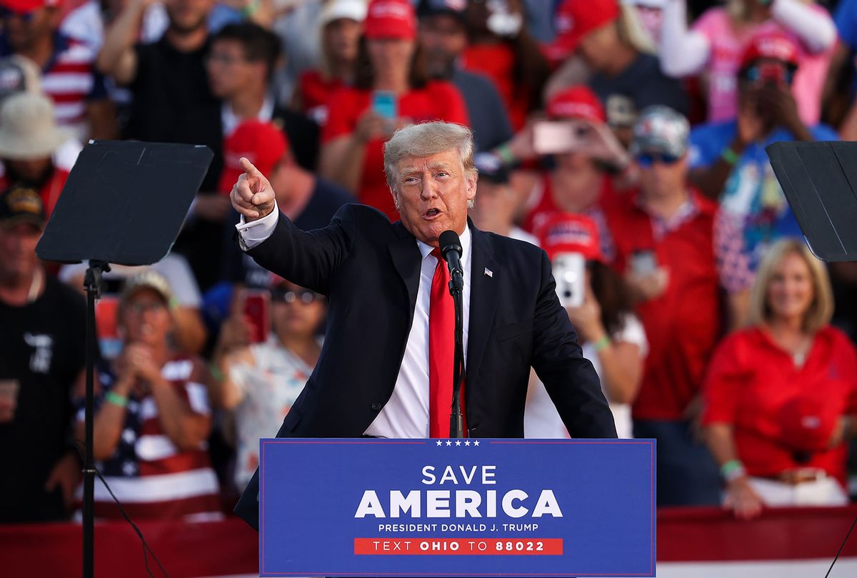 Former President of United States Donald Trump speaks to crowd gathered at the Lorain County Fair Grounds in Wellington, Ohio, United States on June 26, 2021. Trump held a rally in Wellington for the first time since the January 6. (Tayfun Coskun/Anadolu Agency via Getty Images)