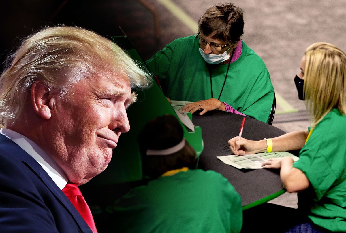 Donald Trump | Contractors working for Cyber Ninjas, who was hired by the Arizona State Senate, examine and recount ballots from the 2020 general election at Veterans Memorial Coliseum on May 8, 2021 in Phoenix, Arizona. (Photo illustration by Salon/Getty Images)