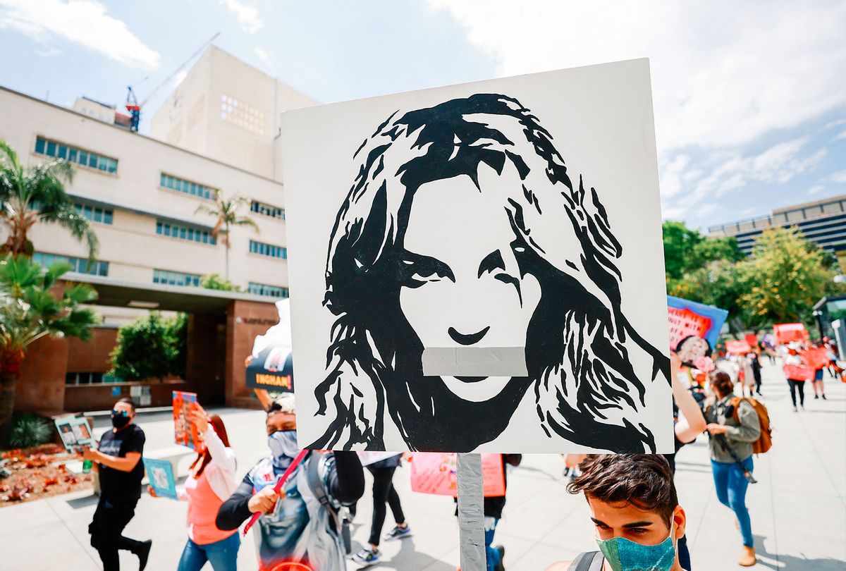 #FreeBritney activists protest outside Courthouse in Los Angeles during Conservatorship Hearing on April 27, 2021 in Los Angeles, California. (Matt Winkelmeyer/Getty Images)