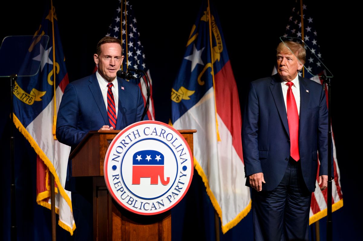 Former U.S. President Donald Trump listens to Ted Budd announce he's running for the NC Senate at the NCGOP state convention on June 5, 2021 in Greenville, North Carolina.  (Getty Images)