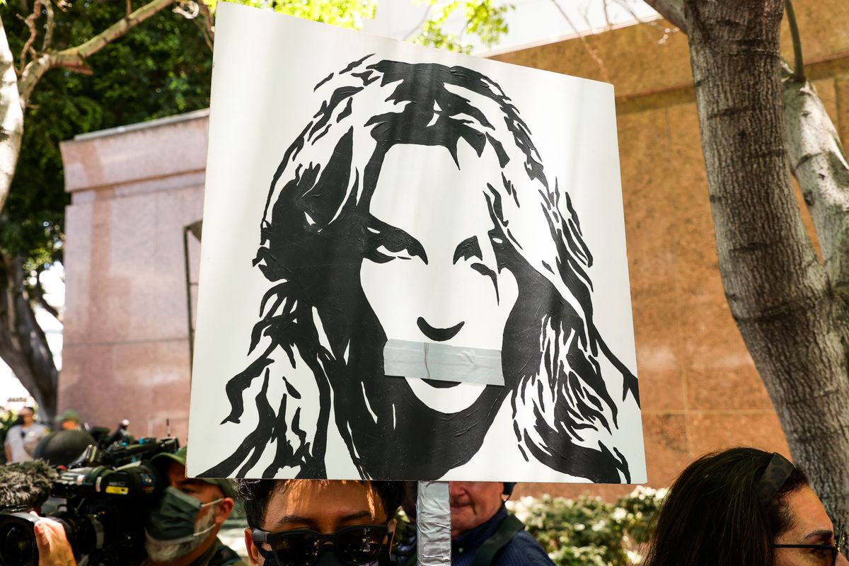#FreeBritney activists protest at Los Angeles Grand Park during a conservatorship hearing for Britney Spears on June 23, 2021 in Los Angeles, California. (Getty Images)