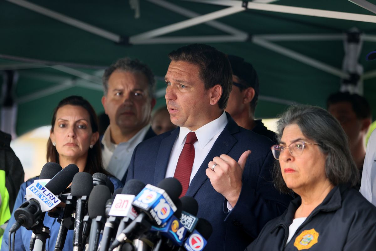 Florida Gov. Ron DeSantis speaks to the media about the 12-story Champlain Towers South condo building that partially collapsed on June 24, 2021 in Surfside, Florida. (Joe Raedle/Getty Images)
