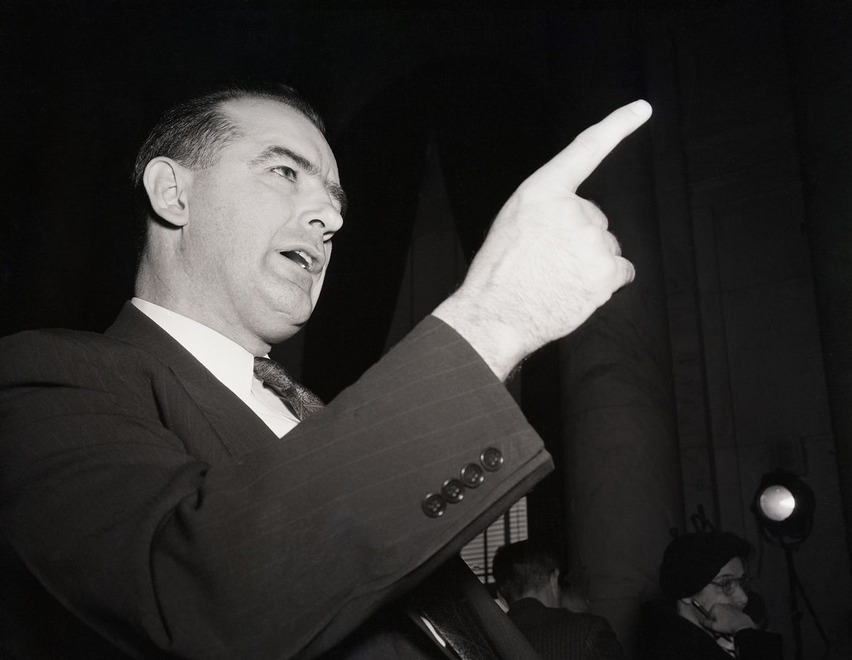 Wisconsin Sen. Joseph McCarthy shakes a finger during his second appearance before the Senate Foreign Relations Subcommittee on March 9, 1950. (Getty Images)