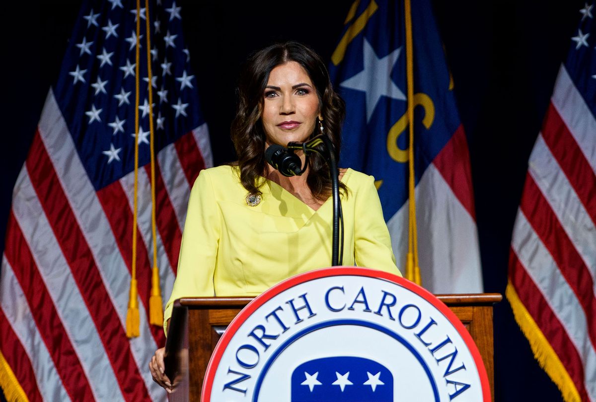 South Dakota Gov. Kristi Noem speaks to attendees at the North Carolina GOP convention on June 5, 2021 in Greenville, North Carolina. Former U.S. President Donald Trump is scheduled to speak at the NCGOP state convention in one of his first high-profile public appearances since leaving the White House in January. (Melissa Sue Gerrits/Getty Images)