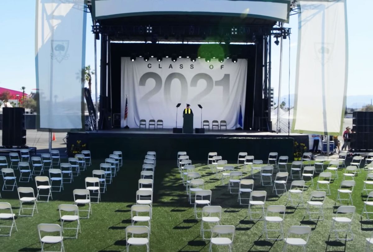 David Keene, gave a speech to empty chairs in a Las Vegas stadium for the James Madison Academy 2021 graduating class. (YouTube/Change the Ref)