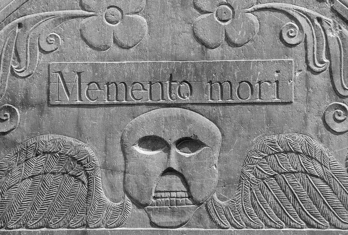 18th century headstone in a cemetery in Concord, Massachusetts that reads "Memento mori," a Latin phrase meaning, "Remember you will die" (iStock/Getty Images)