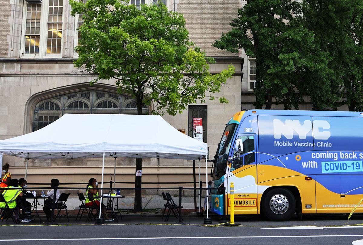 A mobile vaccination site is seen on Flatbush Avenue on June 09, 2021 in the Flatbush neighborhood of the Brooklyn borough of New York City. (Michael M. Santiago/Getty Images)