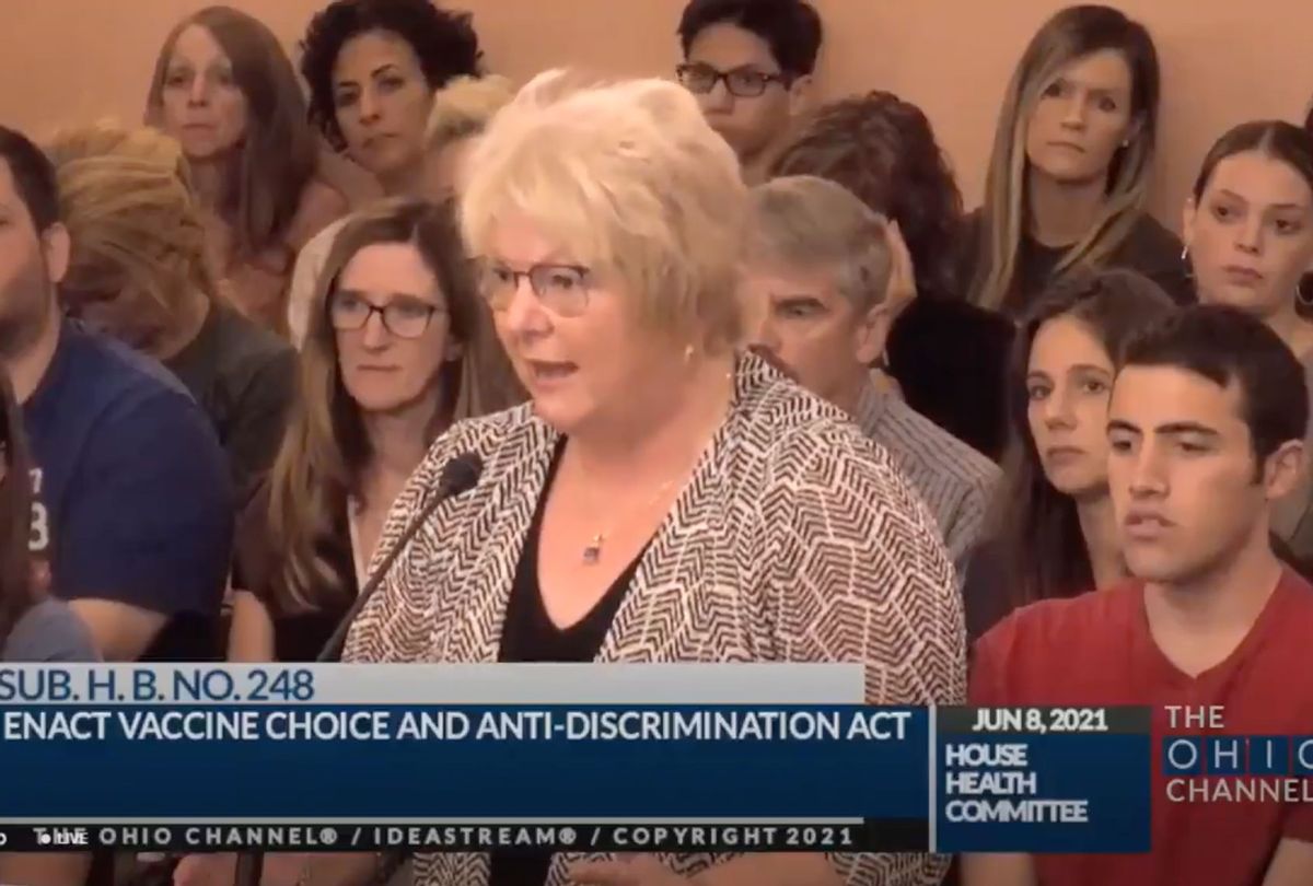 Anti-vaccine doctor Sherri Tenpenny now testifying in favor of a bill to prohibit any Ohio business/school from mandating vaccines (Twitter/@Tylerjoelb)