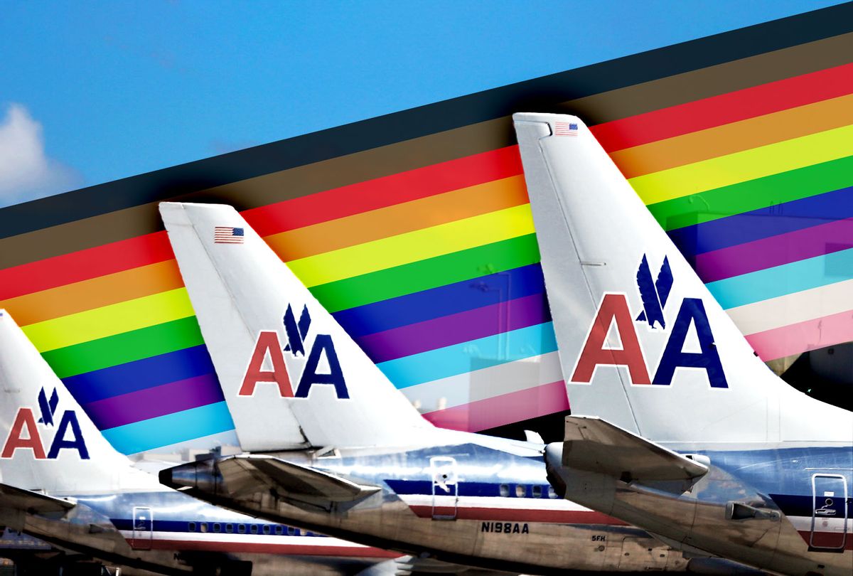 American Airline planes, with the pride flag colors behind the tails (Photo illustration by Salon/Getty Images/Joe Raedle)