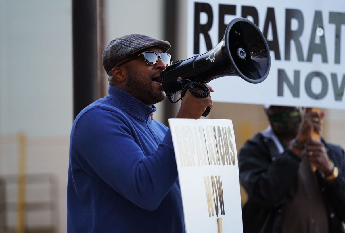 Rev. Robert Turner leads a protest calling for reparations for the victims of the 1921 Tulsa Race Massacre. (National Geographic/Christopher Creese)