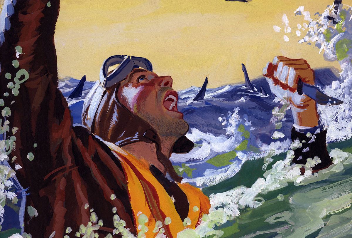 A painting for the US Army "Stars and Stripes" newspaper shows a downed US Army Air Force pilot fighting off sharks with a knife in 1944 somewhere in the Pacific Ocean (Illustration by Ed Vebell/Getty Images)