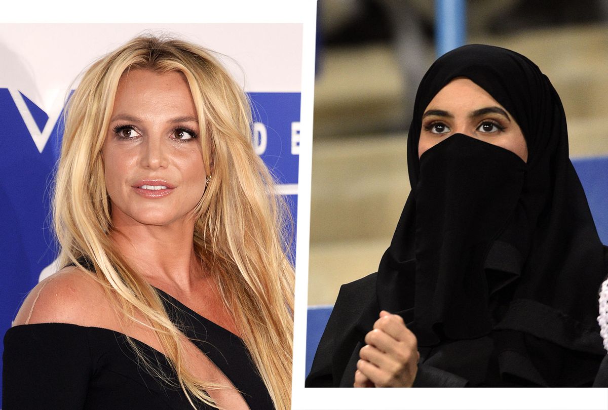 Britney Spears | A veiled woman in Saudi Arabia (Photo illustration by Salon/Anthony Harvey/Fayez Nureldine/Getty Images)