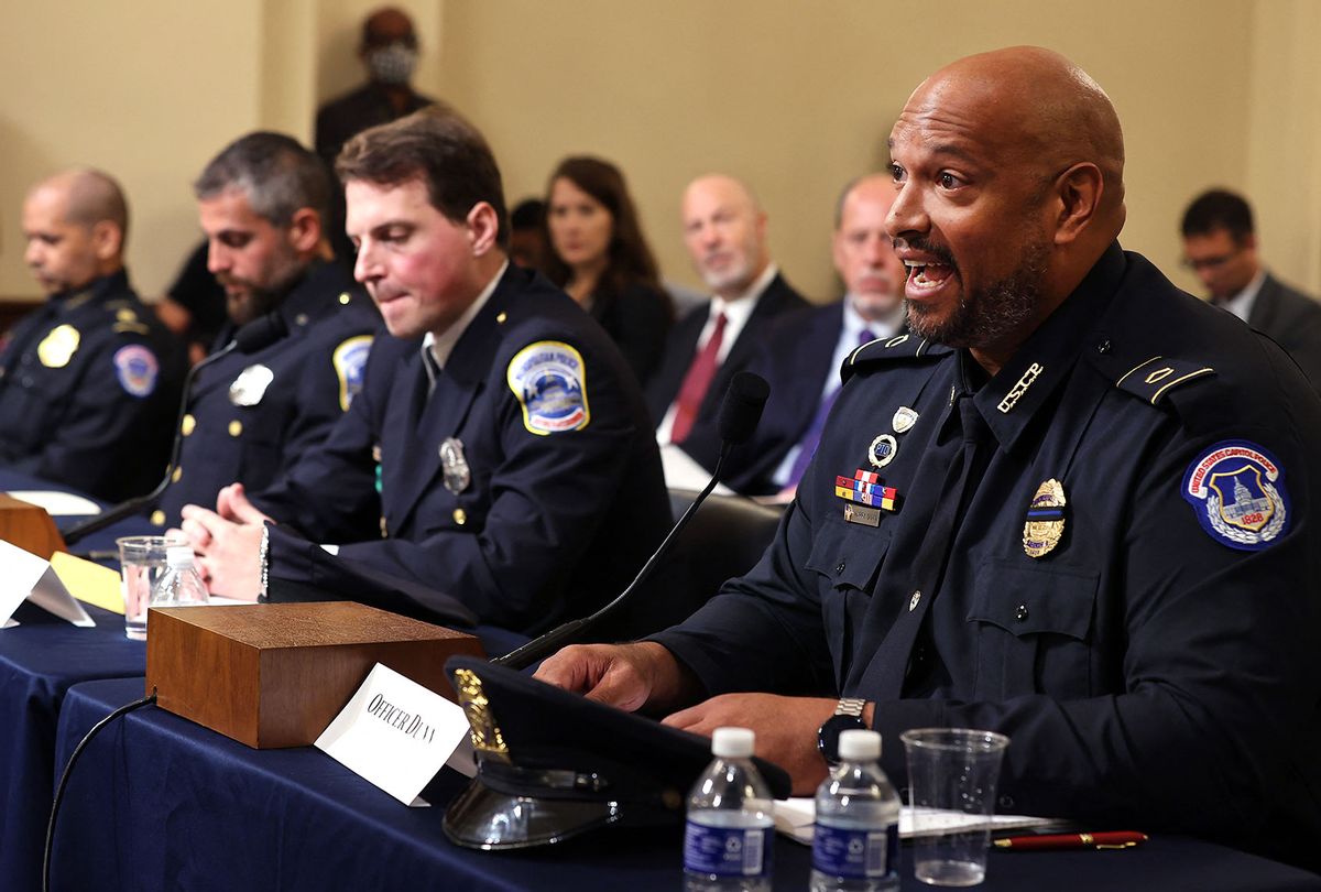 US Capitol Police officer Harry Dunn, DC Metropolitan Police Department officer Daniel Hodges, DC Metropolitan Police Department officer Michael Fanone and US Capitol Police officer Sgt. Aquilino Gonell testify during the Select Committee investigation of the January 6, 2021, attack on the US Capitol, during their first hearing on Capitol Hill in Washington, DC, on July 27, 2021. (CHIP SOMODEVILLA/POOL/AFP via Getty Images)