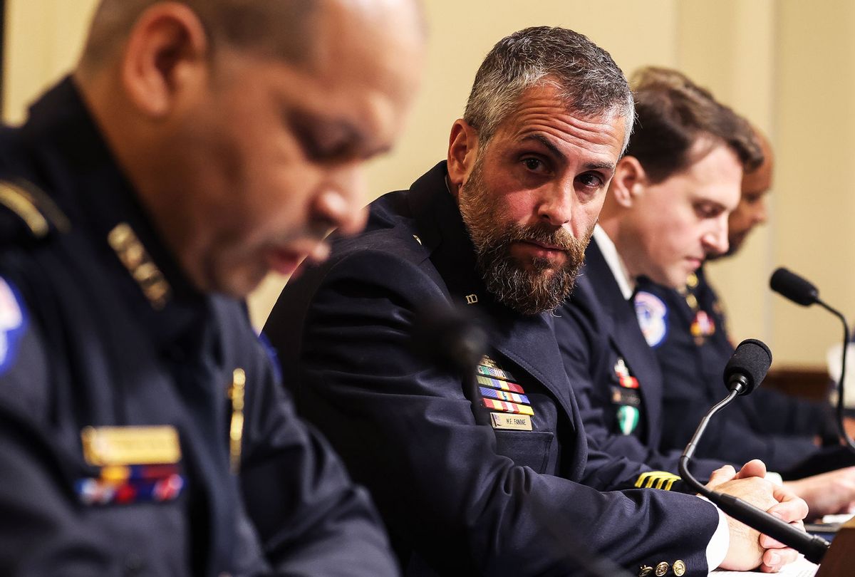 Metropolitan Police Officer Michael Fanone, right, looks on as U.S. Capitol Police Officer Sgt. Aquilino Gonell, left, testifies before the House Select Committee investigating the Jan. 6 attack on the U.S. Capitol on July 27, 2021 at the Cannon House Office Building in Washington, DC. (Oliver Contreras-Pool/Getty Images)