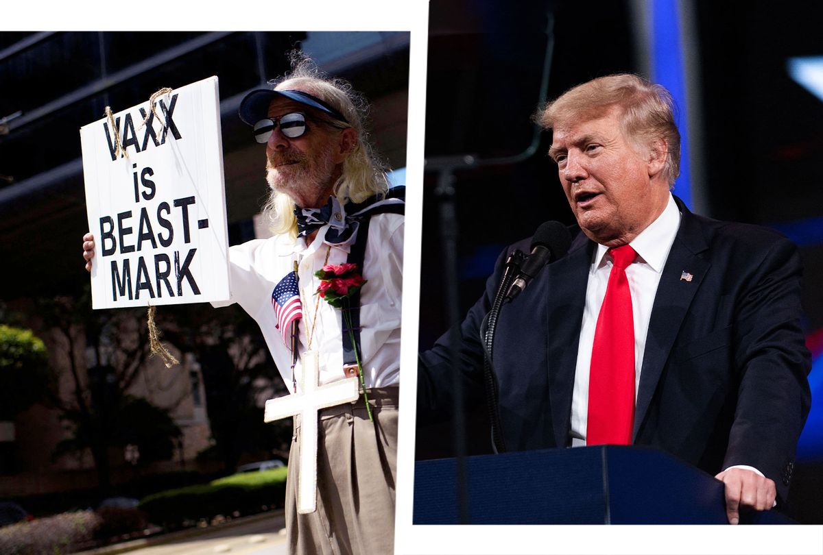 Donald Trump at CPAC | Anti-vaccine rally protesters hold signs outside of Houston Methodist Hospital in Houston, Texas, on June 26, 2021 (Photo illustration by Salon/Getty Images)