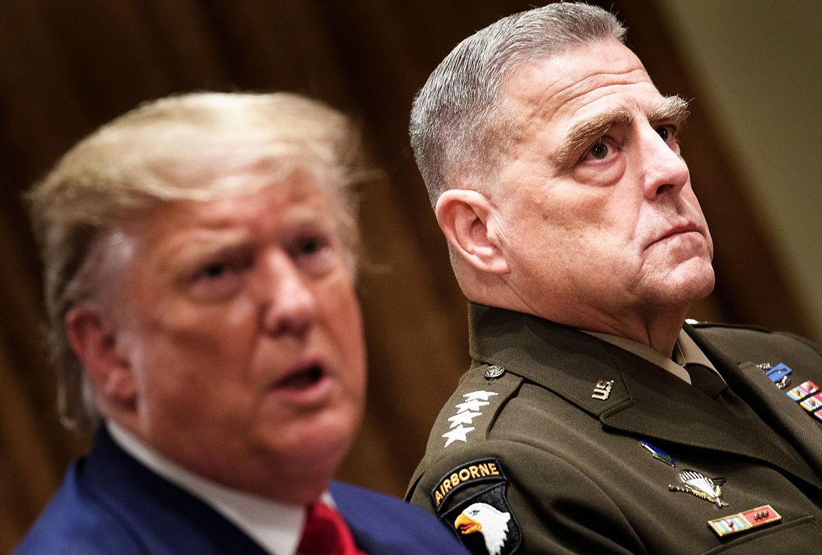 Chairman of the Joint Chiefs of Staff Army General Mark A. Milley (R) listens while US President Donald Trump speaks before a meeting with senior military leaders in the Cabinet Room of the White House in Washington, DC on October 7, 2019. (BRENDAN SMIALOWSKI/AFP via Getty Images)