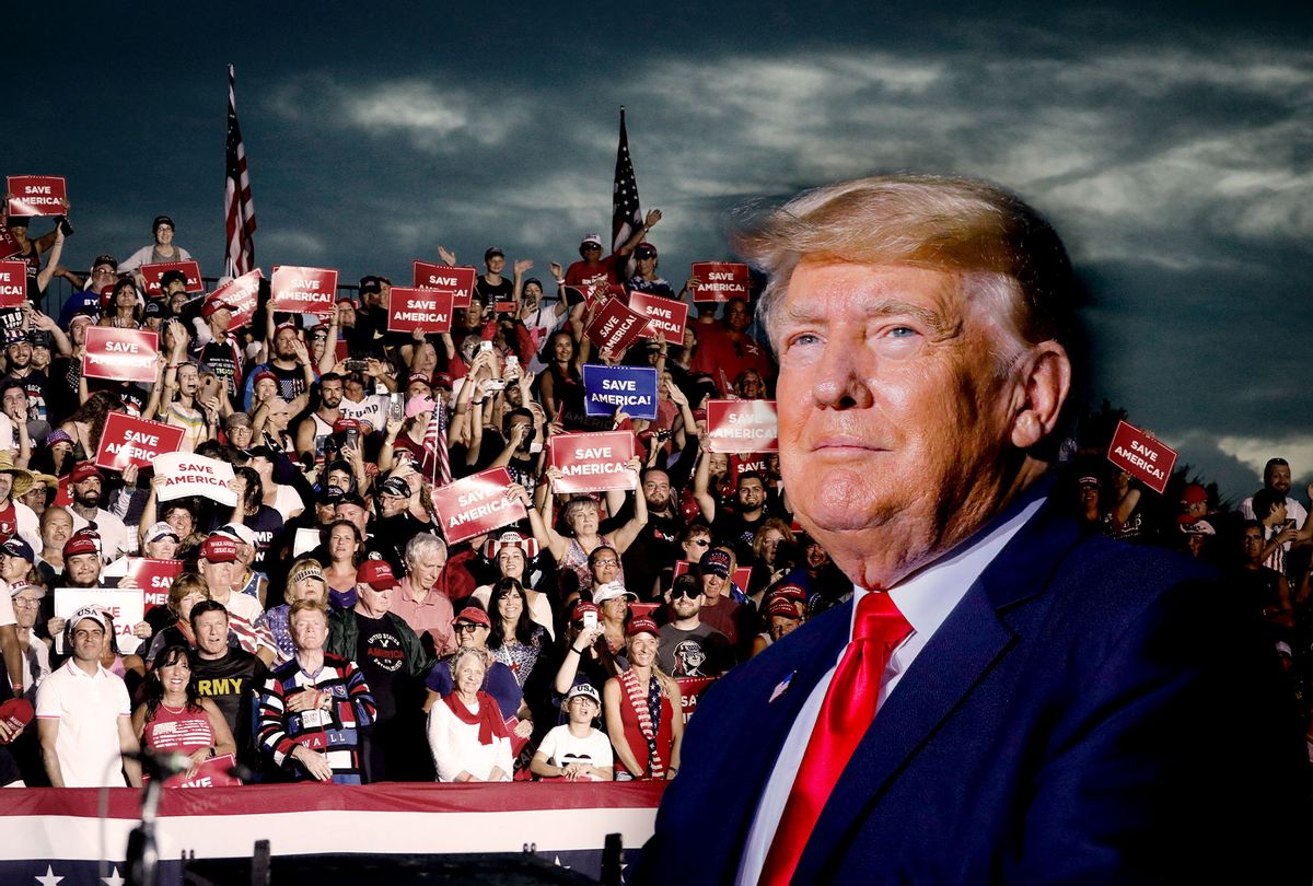 People listen as former U.S. President Donald Trump speaks during a rally on July 3, 2021 in Sarasota, Florida. Co-sponsored by the Republican Party of Florida, the rally marks Trump's further support of the MAGA agenda and accomplishments of his administration. (Photo illustration by Salon/Eva Marie Uzcategui/Getty Images)