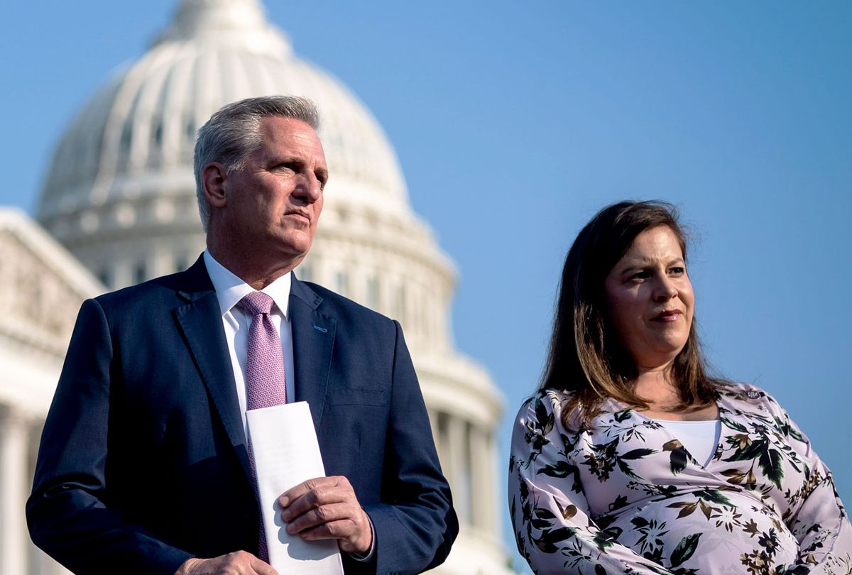 House Minority Leader Kevin McCarthy, R-Calif., Republican Conference Chair Elise Stefanik, R-N.Y., listen during a press conference on Capitol Hill on Tuesday, July 27, 2021 in Washington, DC. (Jabin Botsford/The Washington Post via Getty Images)