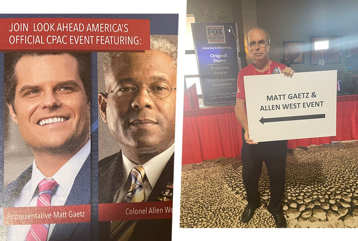 Signs for an "official" CPAC speech by Matt Gaetz were seized by the conference, which said the event was not recognized at all. (Zachary Petrizzo/Salon)