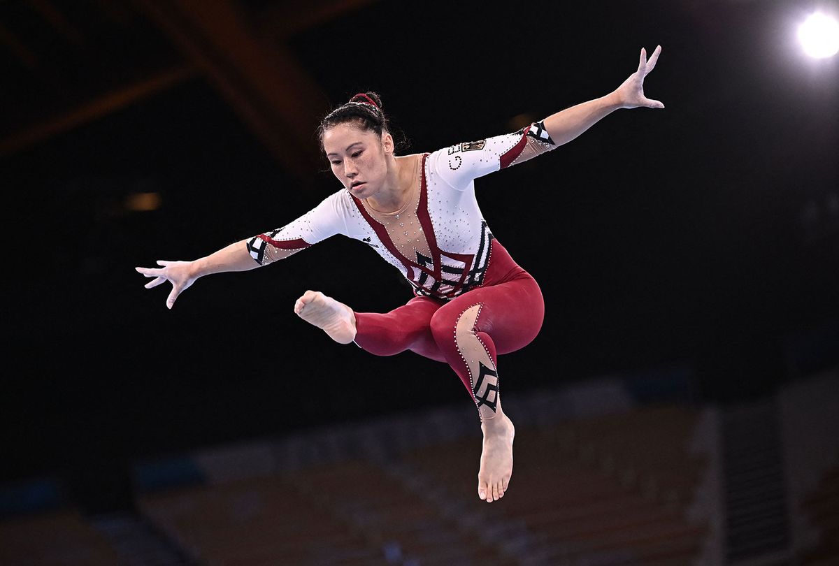 Germany's Kim Bui competes in the artistic gymnastics balance beam event of the women's qualification during the Tokyo 2020 Olympic Games. (LIONEL BONAVENTURE/AFP via Getty Images)