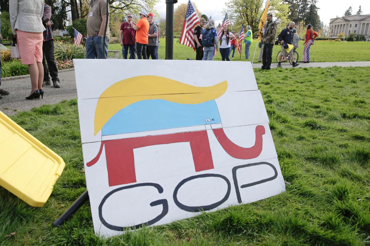A Republican Party elephant logo pictured with the hair of US President Donald Trump. (JASON REDMOND/AFP via Getty Images)