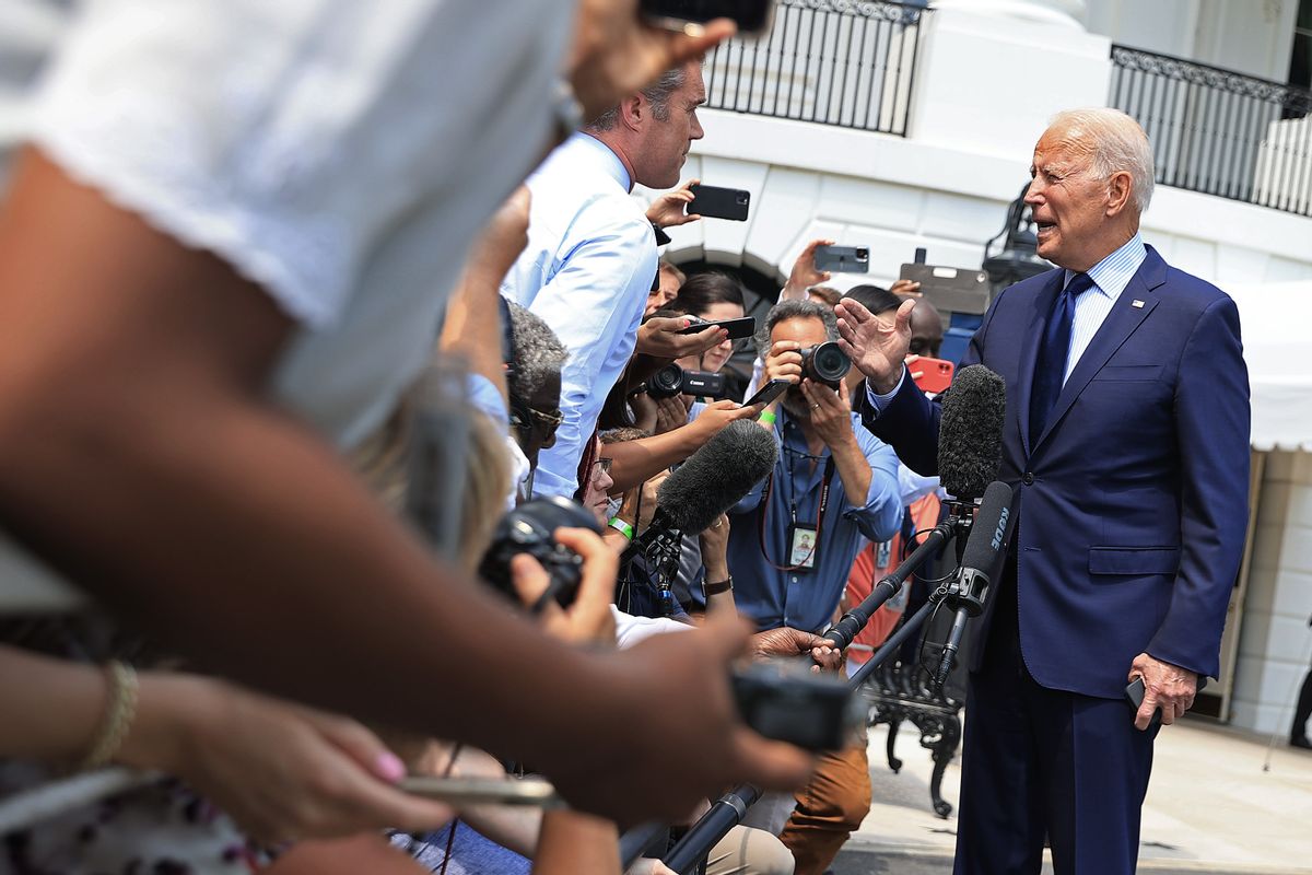 U.S. President Joe Biden stops to take a question on social media misinformation from NBC correspondent Peter Alexander while departing the White House on July 16, 2021. (Chip Somodevilla/Getty Images)