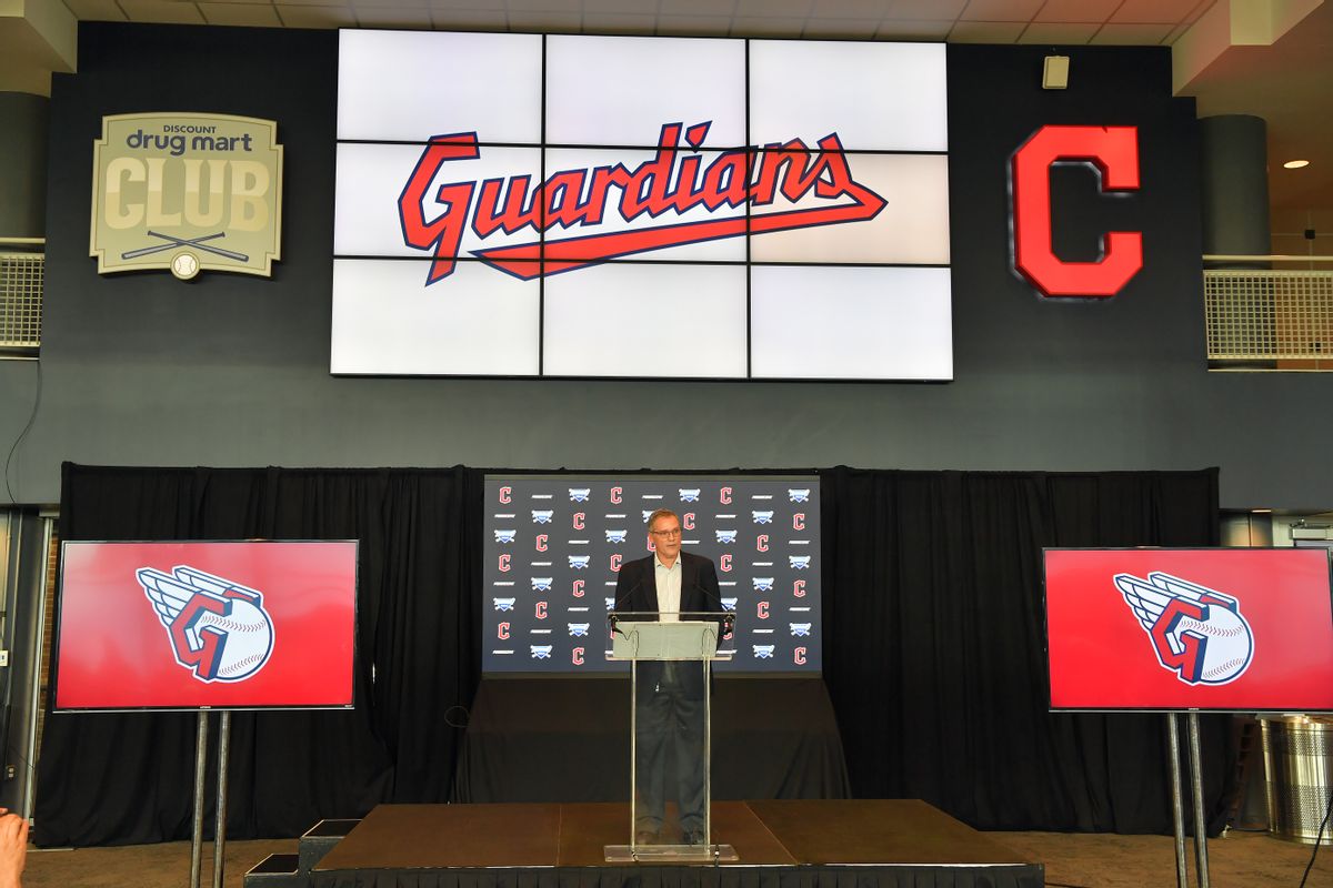 Cleveland Indians president of business operations Brian Barren talks to members of the media during a press conference announcing the name change from the Cleveland Indians to the Cleveland Guardians. (Jason Miller/Getty Images)