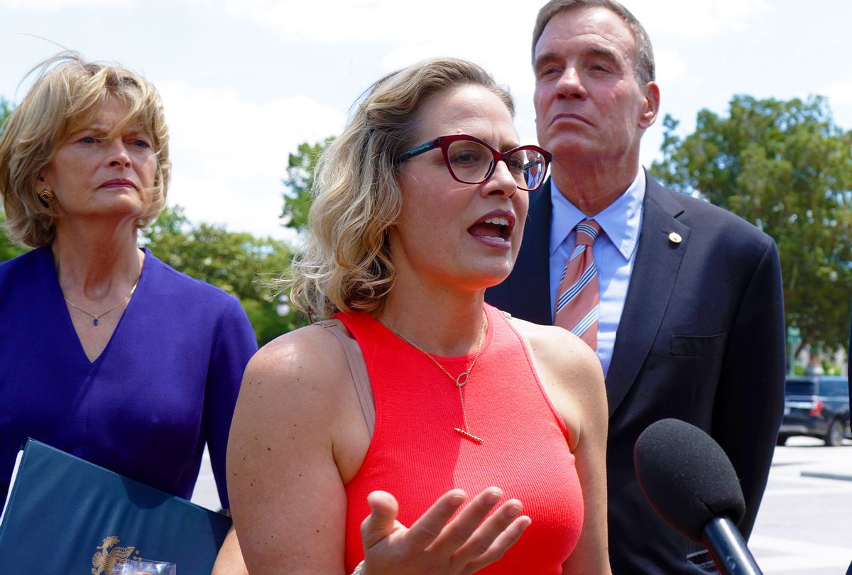 Sen. Kyrsten Sinema (D-AZ)speaking to members of the press as they arrive at the U.S. Capitol after a meeting with President Joe Biden at the White House on June 24, 2021 in Washington, DC. (Alex Wong/Getty Images)